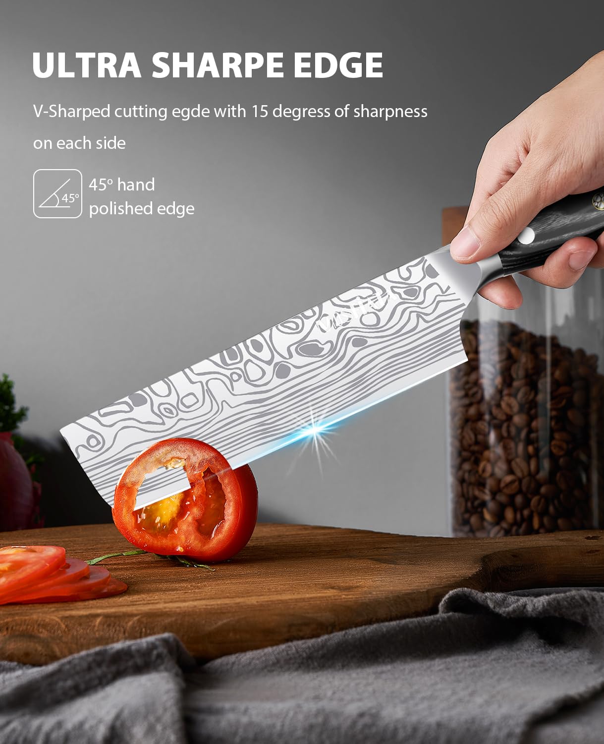 MOSFiATA Nakiri knife with finger guard for safer mincing and slicing.