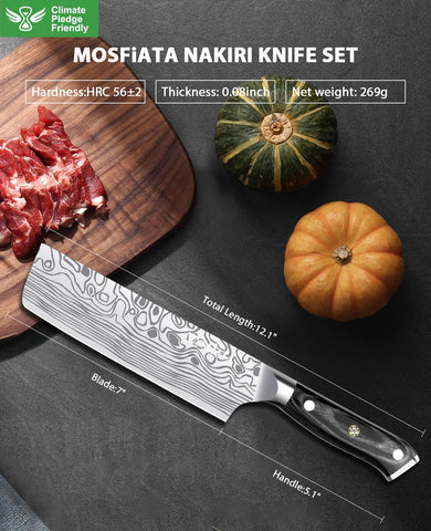 MOSFiATA Nakiri knife weight of 8.8 oz enables controlled cutting.