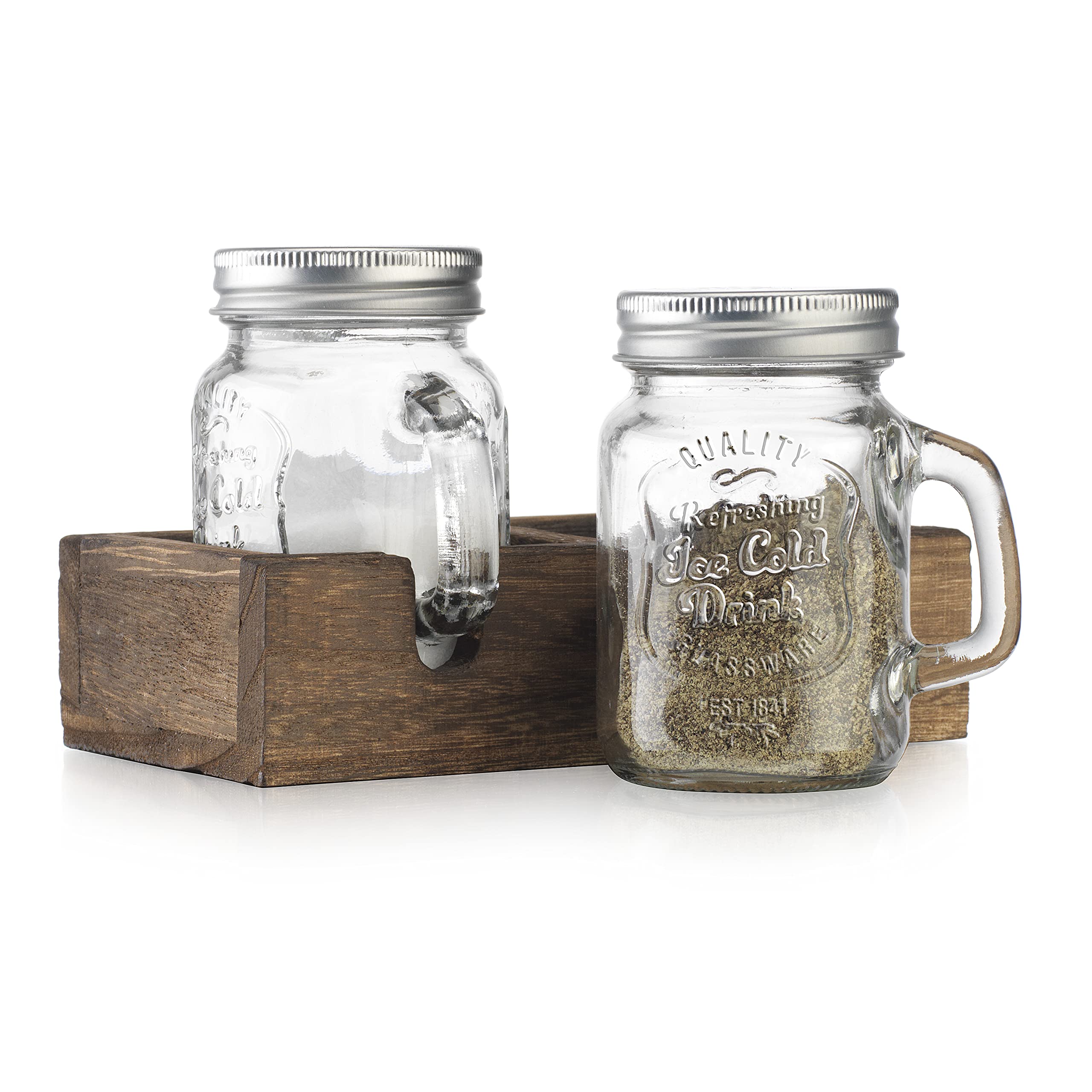 MosJos mason jar salt and pepper shakers on a wooden holder for easy seasoning.