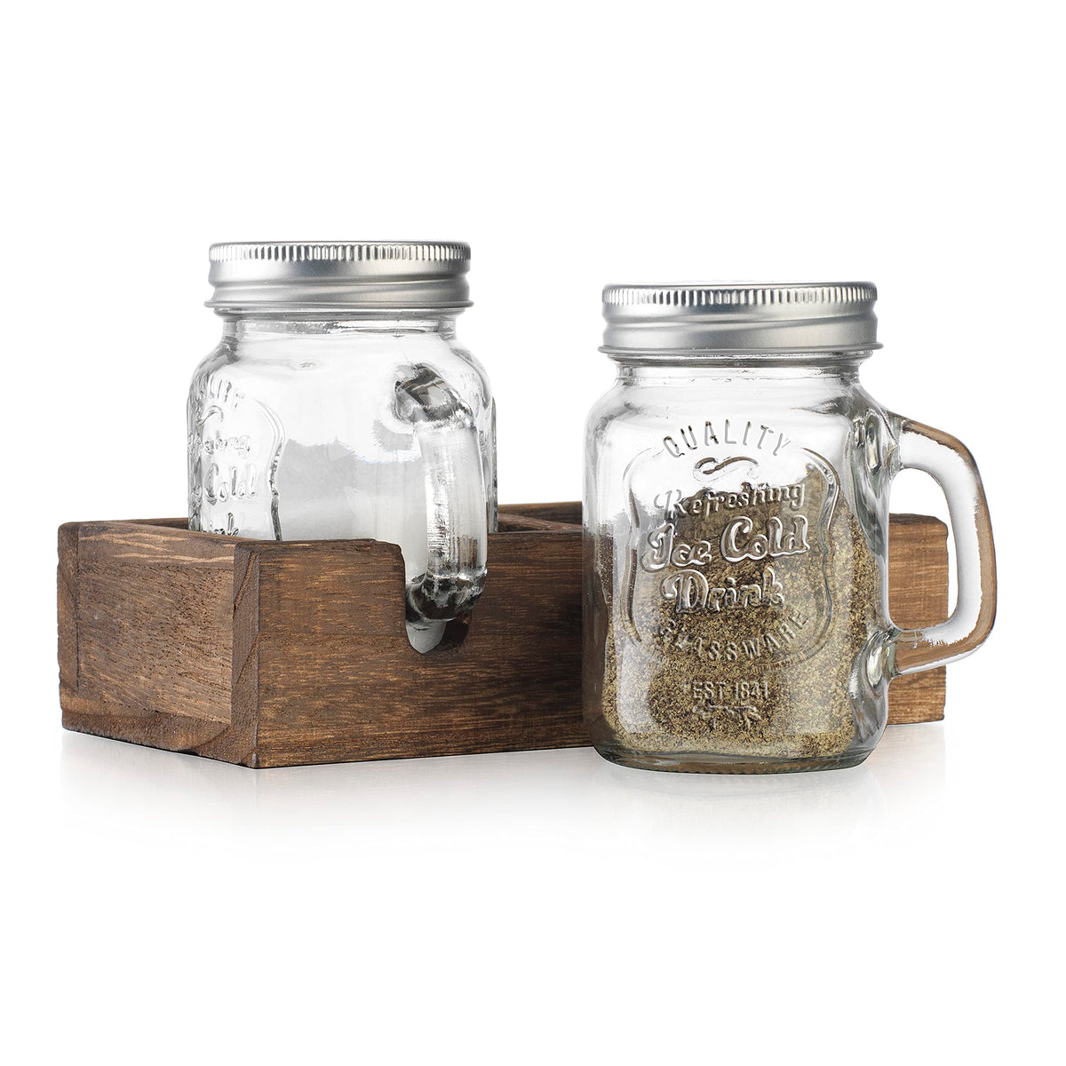 MosJos mason jar salt and pepper shakers on a wooden holder for easy seasoning.