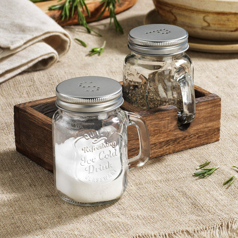 MosJos vintage glass condiment dispensers with stainless lids for precise seasoning.