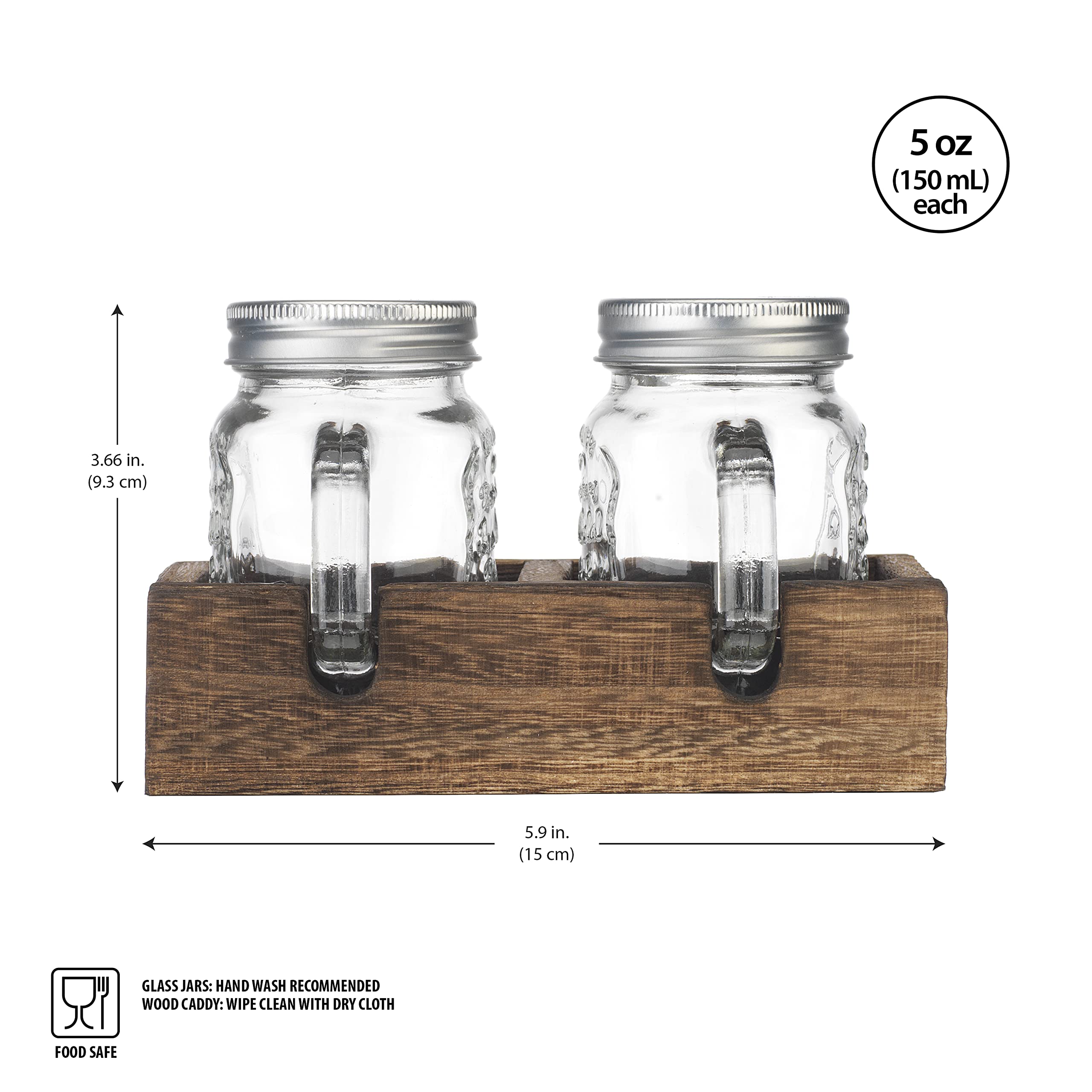 MosJos wooden tray holds the mason jar shakers with rustic flair.