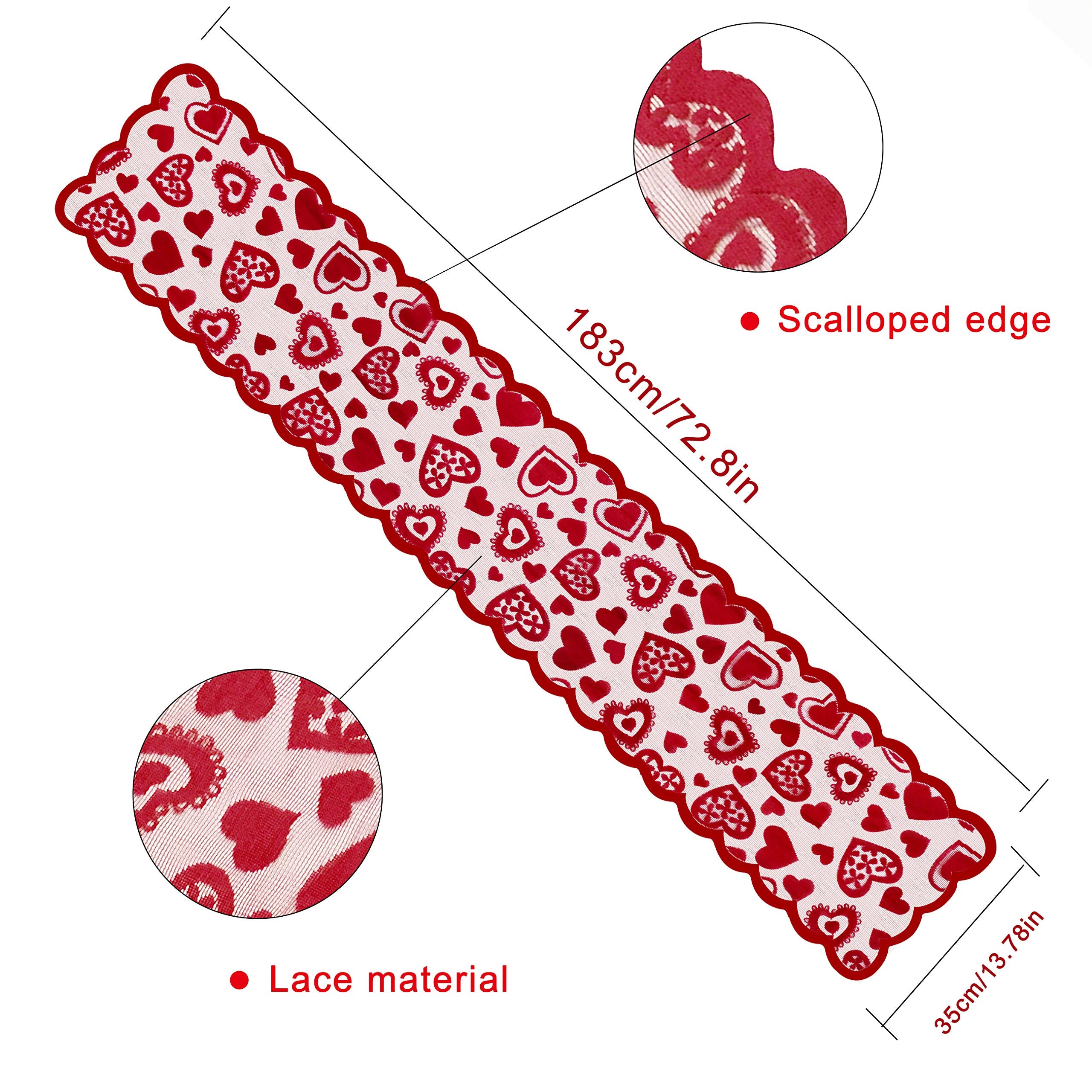 Mosoan red lace runner shows vivid color and heart pattern details.