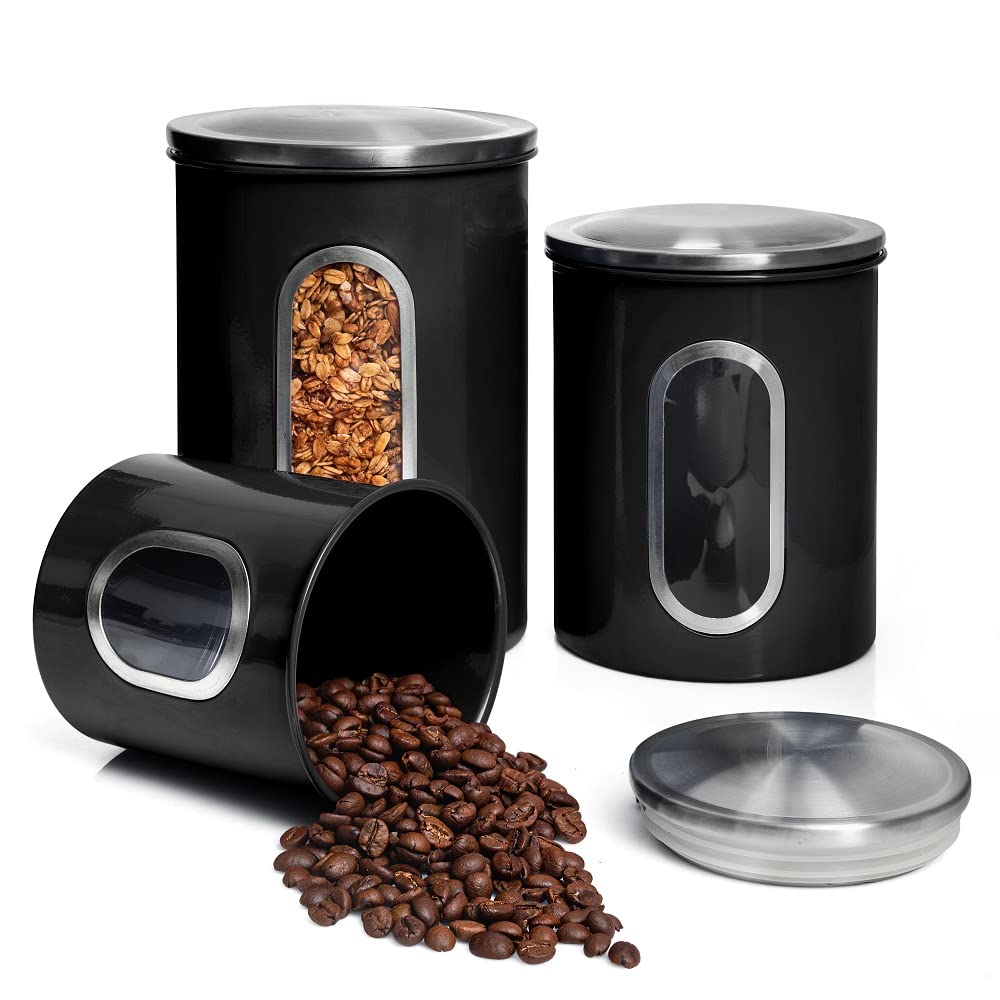 Moss & Stone 3-piece black canisters with front window for easy content check.