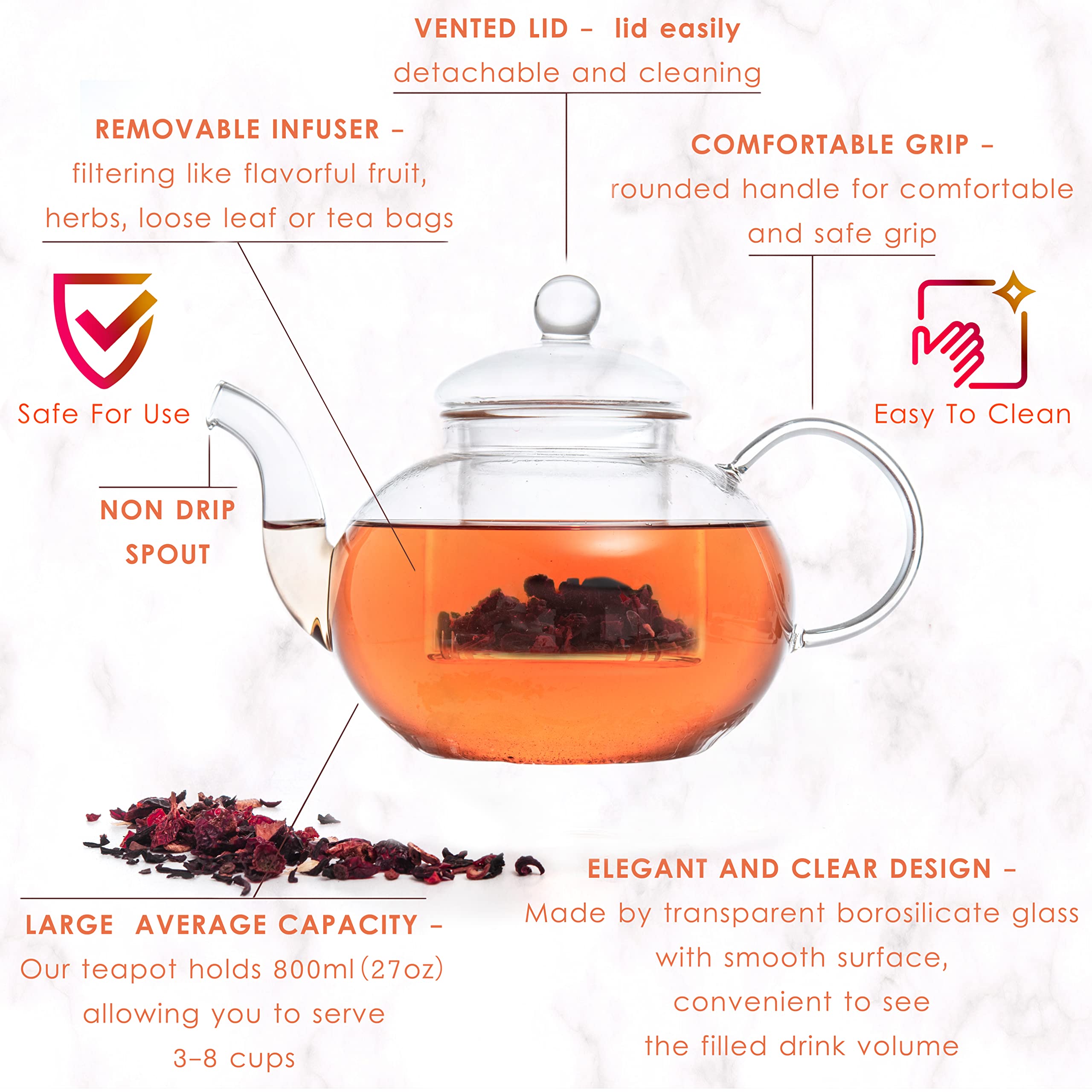 Moss & Stone borosilicate glass teapot showcasing tea color beautifully.