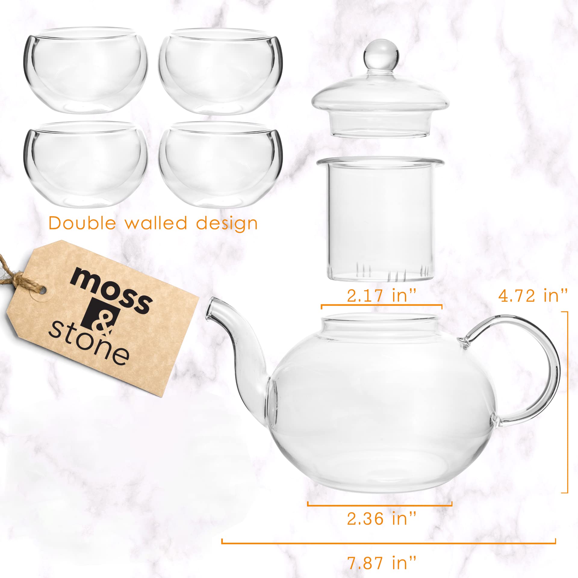 Moss & Stone four 2.7oz double-wall tea cups for comfortable grip.