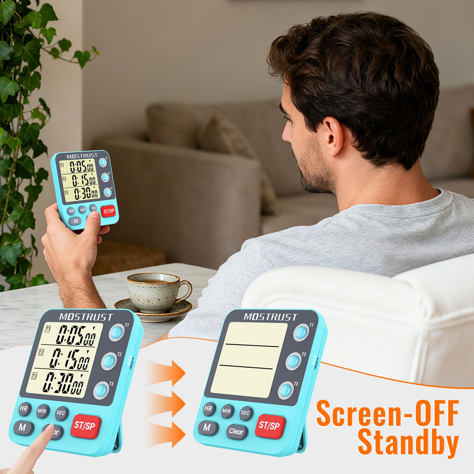MOSTRUST timer with adjustable alarm volume and red LED flash for attention.
