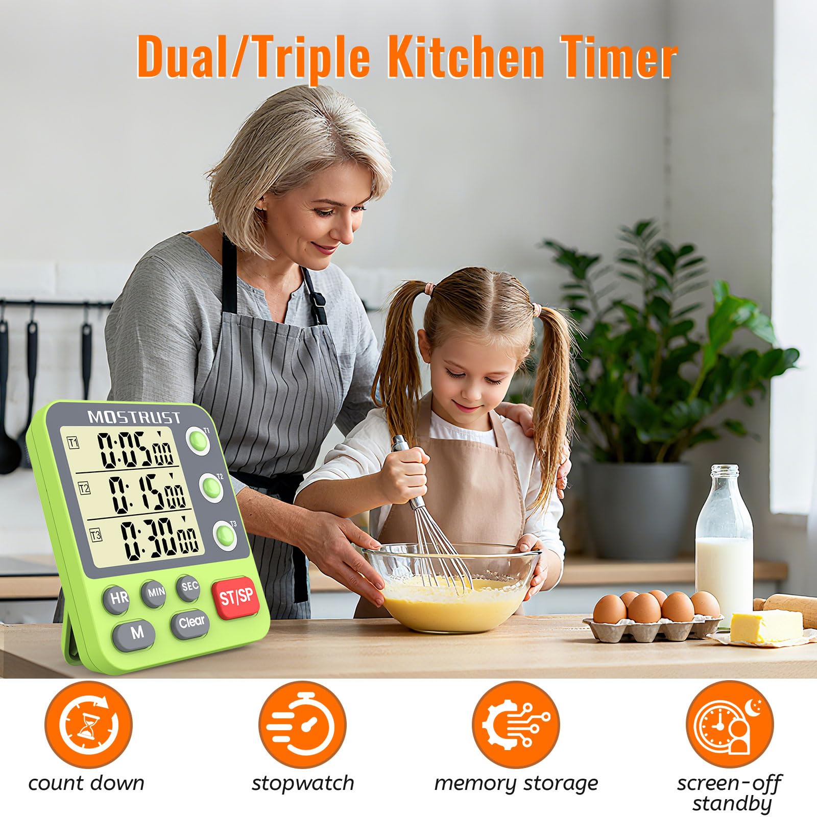 Mostrust timer magnetic back shown for fridge mounting during busy cooking.