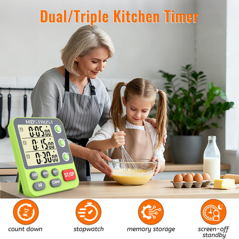 Mostrust timer magnetic back shown for fridge mounting during busy cooking.