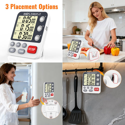 MOSTRUST timer offers magnets, stand, and hook for flexible placement.