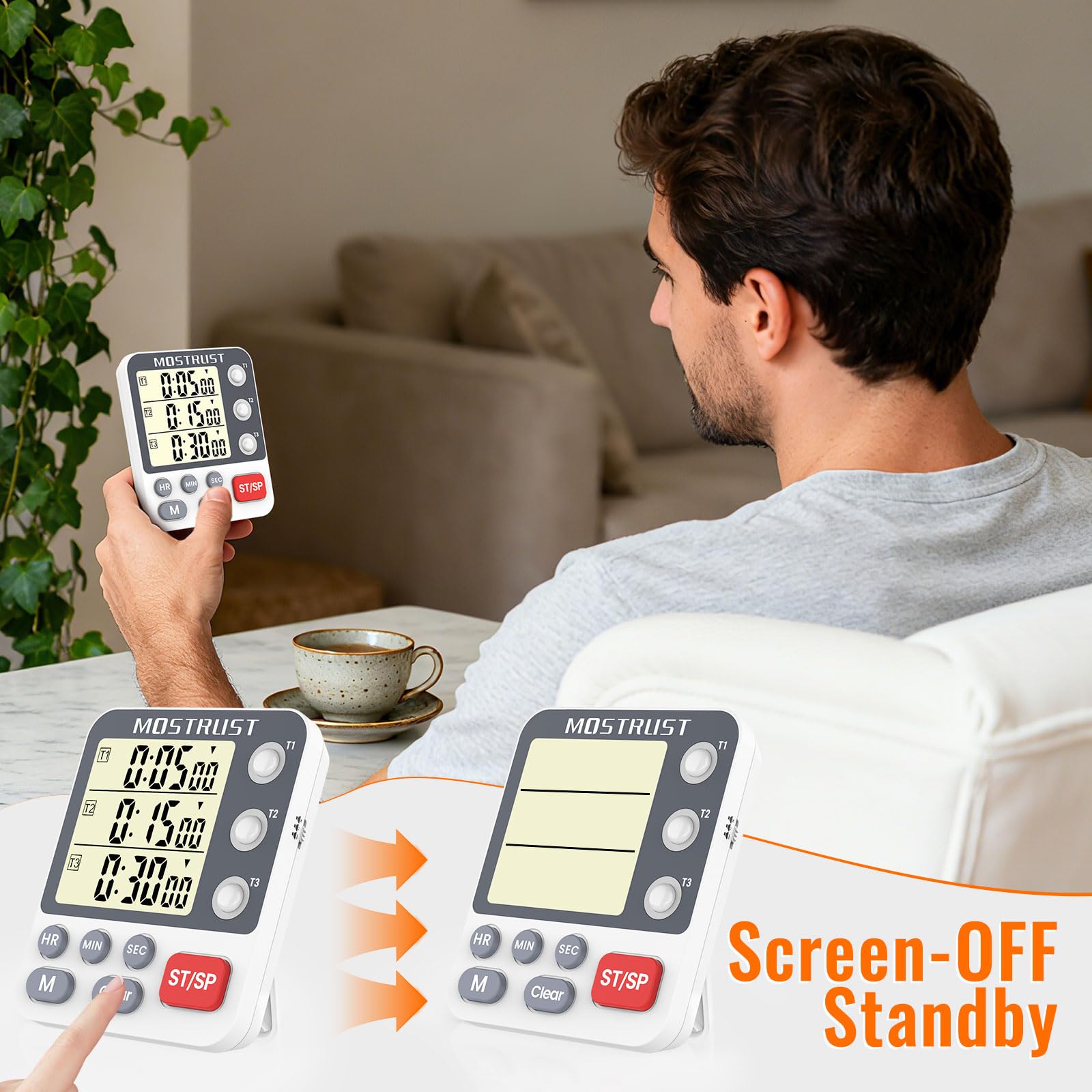 MOSTRUST timer adjustable volume with red light flash alerts for kitchen tasks.
