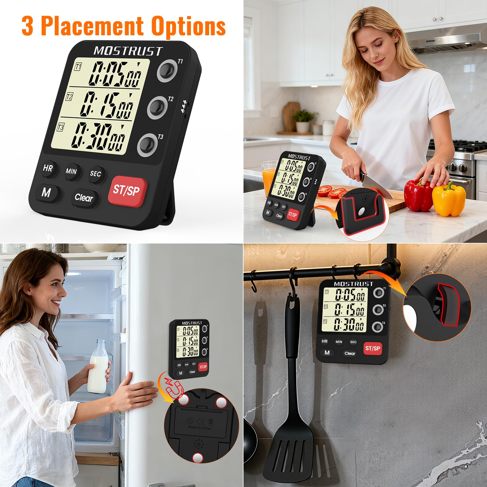 MOSTRUST digital timer with adjustable volume and alarm light for kitchen cues