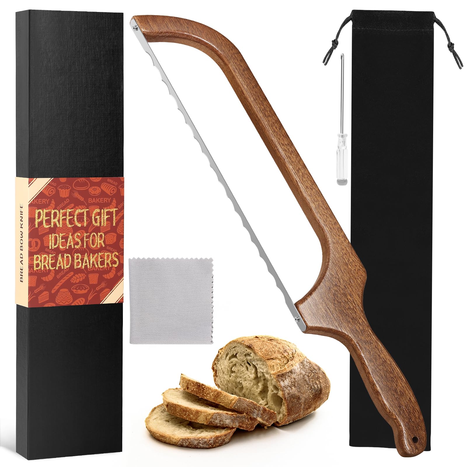 MOTAIPEAK bread knife front view with Sapele wood handle for precise slicing.