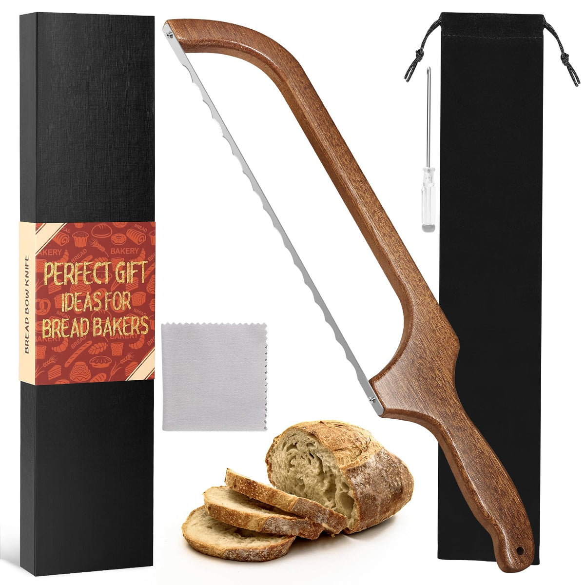 MOTAIPEAK bread knife front view with Sapele wood handle for precise slicing.