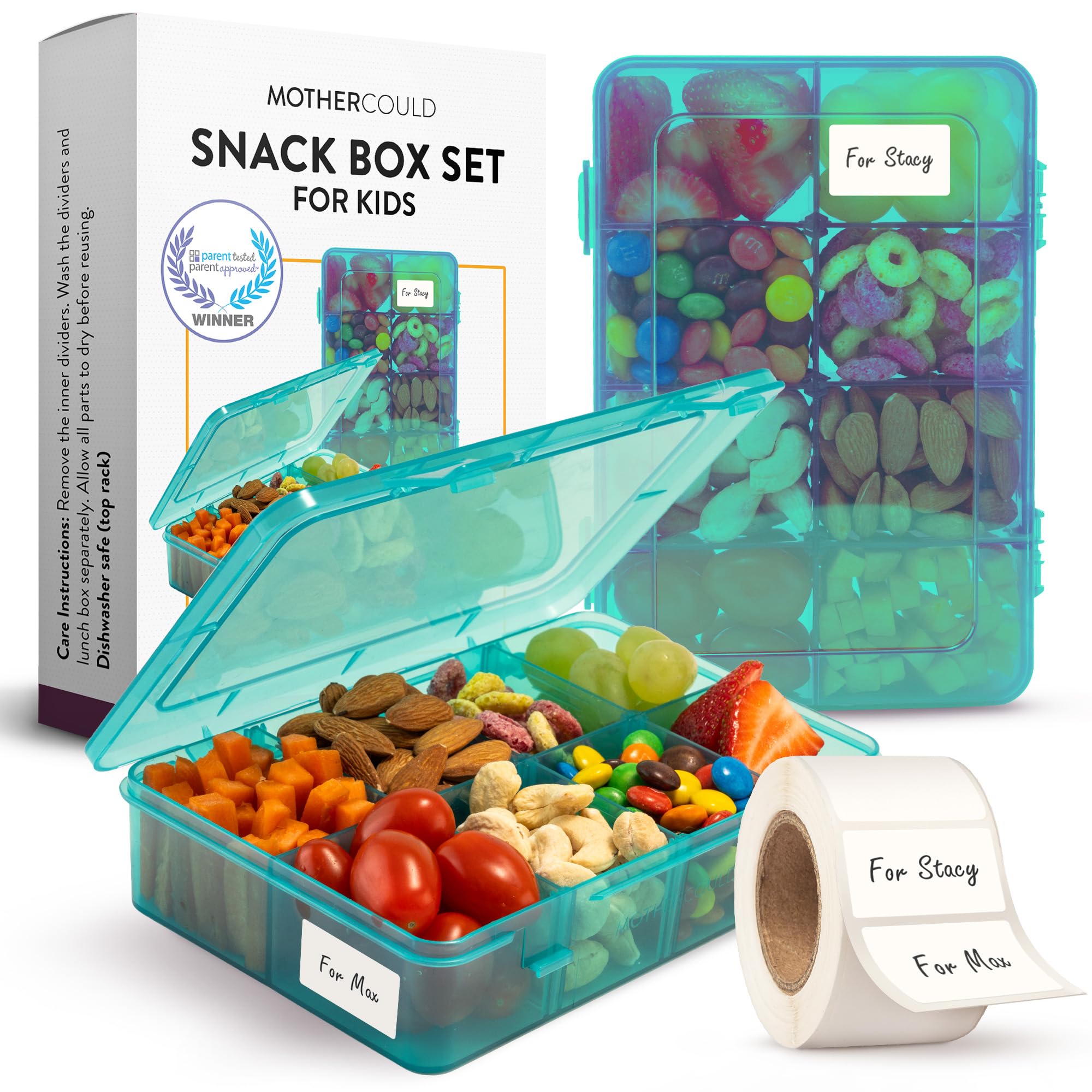 MotherCould blue snack box with eight compartments keeps snacks neatly separated for lunch