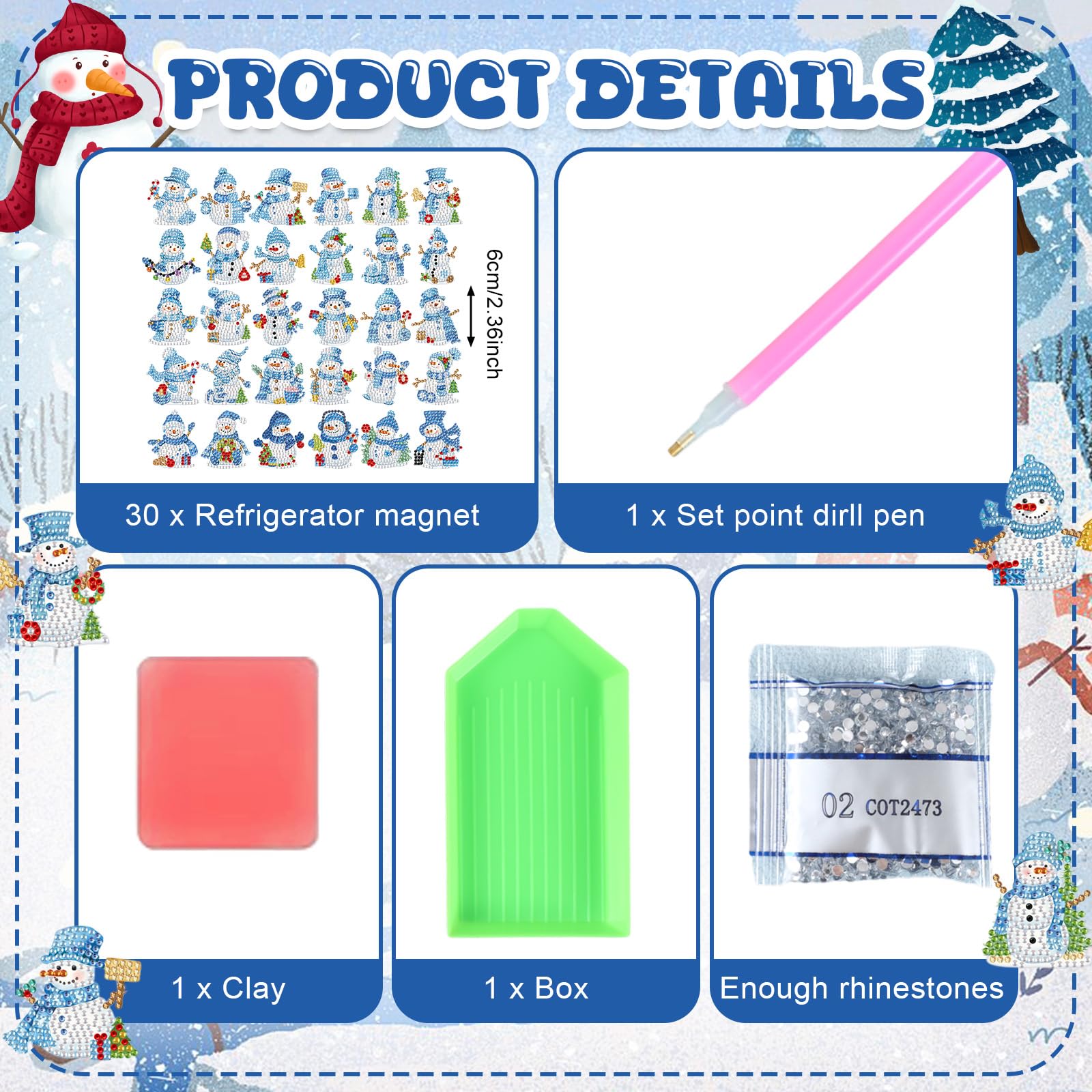 Motipuns blue snowman pattern magnet highlighting sparkling diamonds