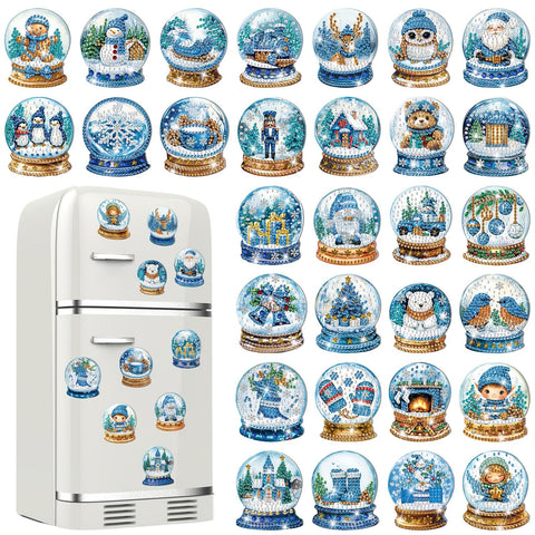Motipuns winter diamond art magnets showcase crystal ball designs for stylish fridge decor.