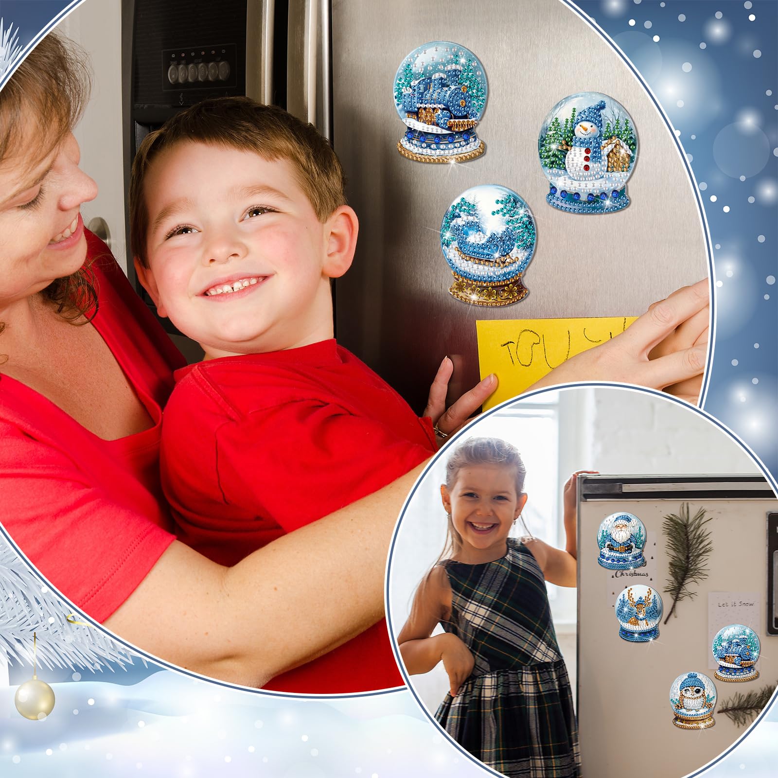 Winter-themed magnets add charm to cars, cabinets, and kitchen appliances.