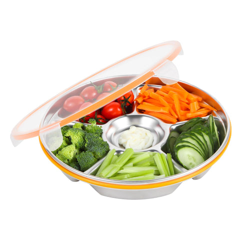 Motith 6-compartment tray with lid showing organized snack sections for parties and easy serving.