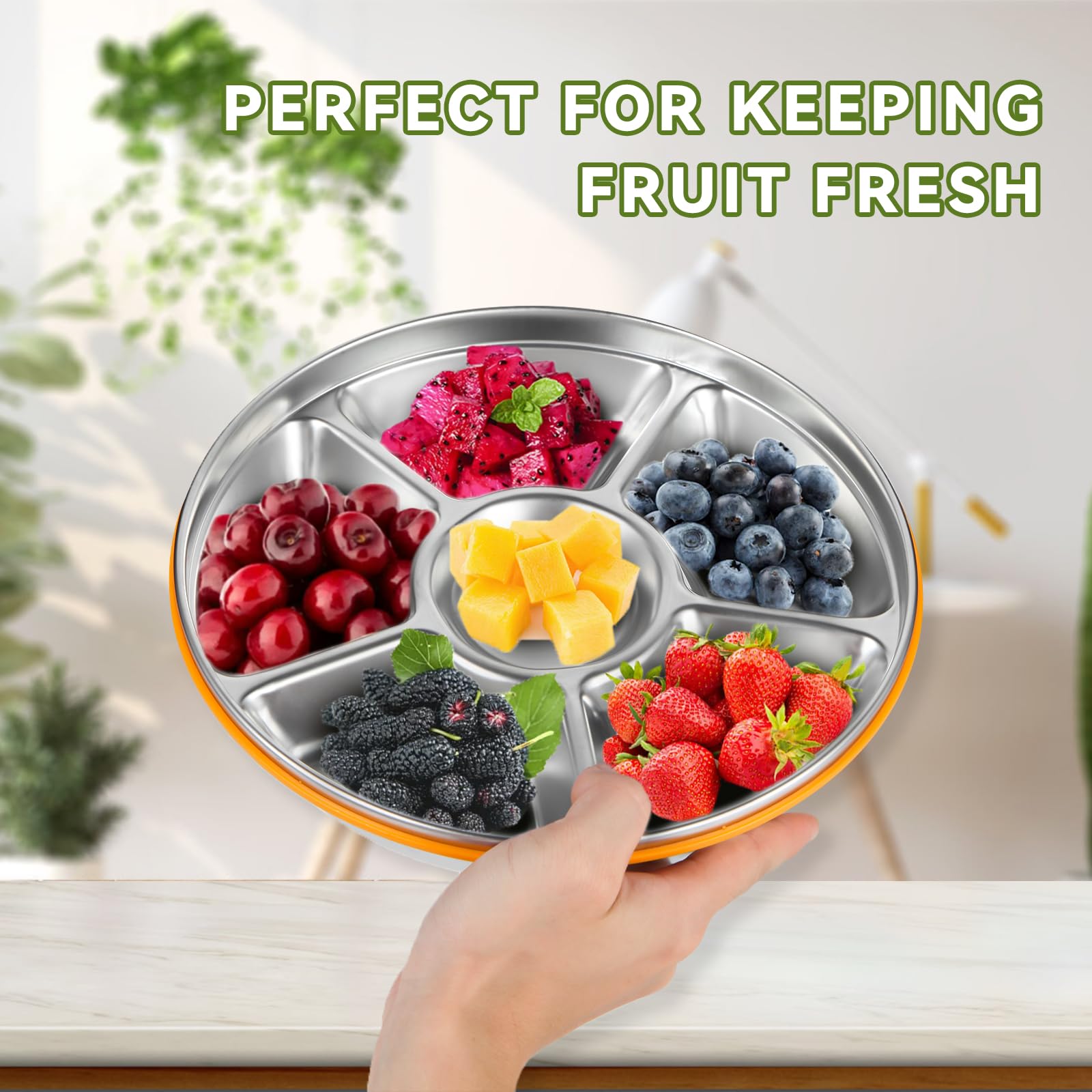 Motith stainless steel serving tray highlights center dip compartment for sauces and dressings.