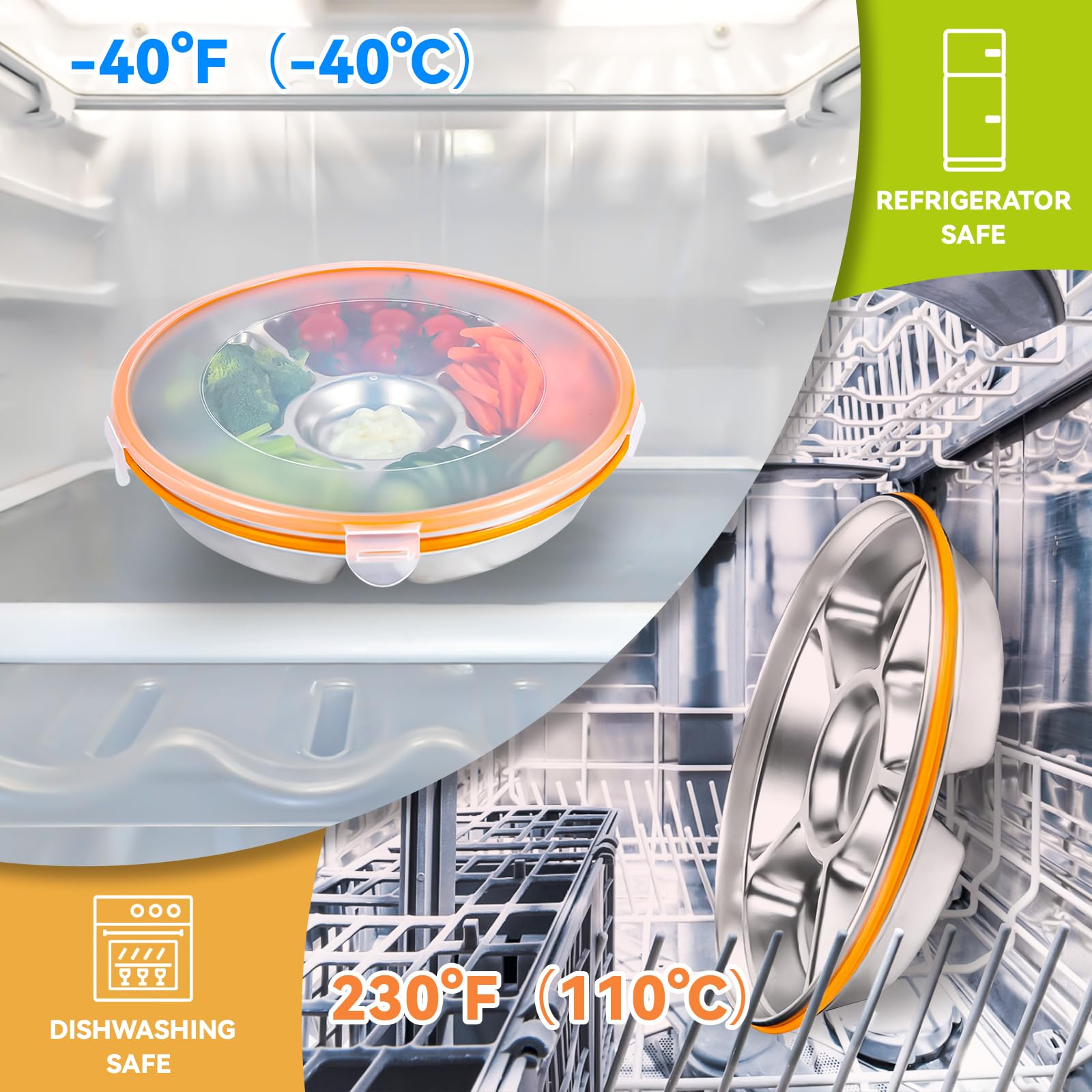 Motith stainless tray in use at a picnic offering separate veggie, fruit, and chip sections.