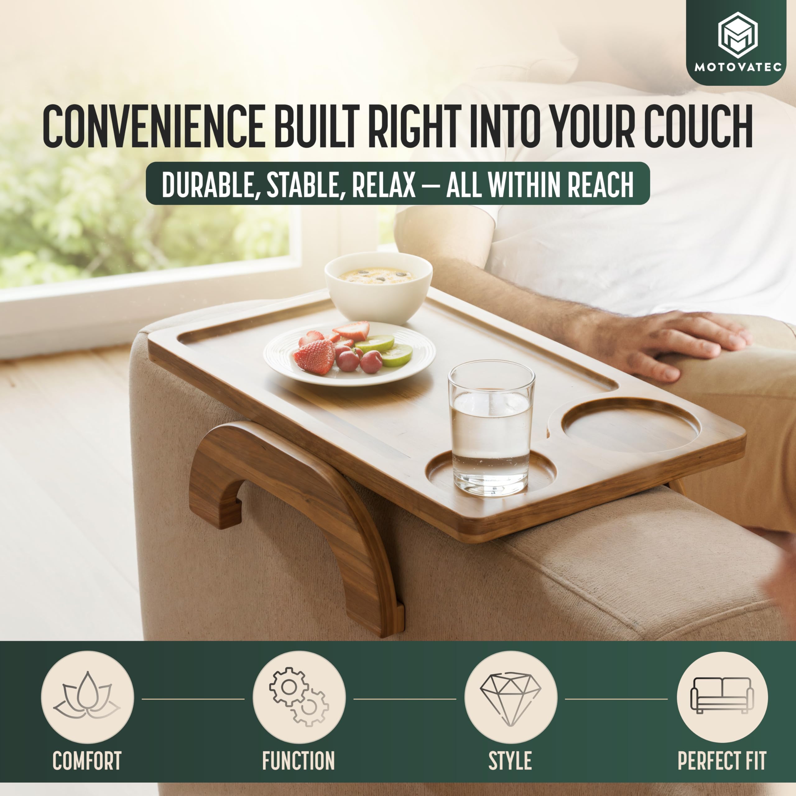 MOTOVATEC armclip with anti-slip pads stabilizes the tray on diverse armrests.