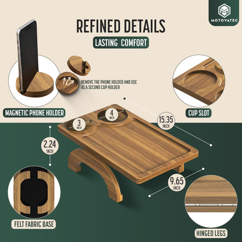 Cup placer and remotes sit securely, keeping the surface organized.