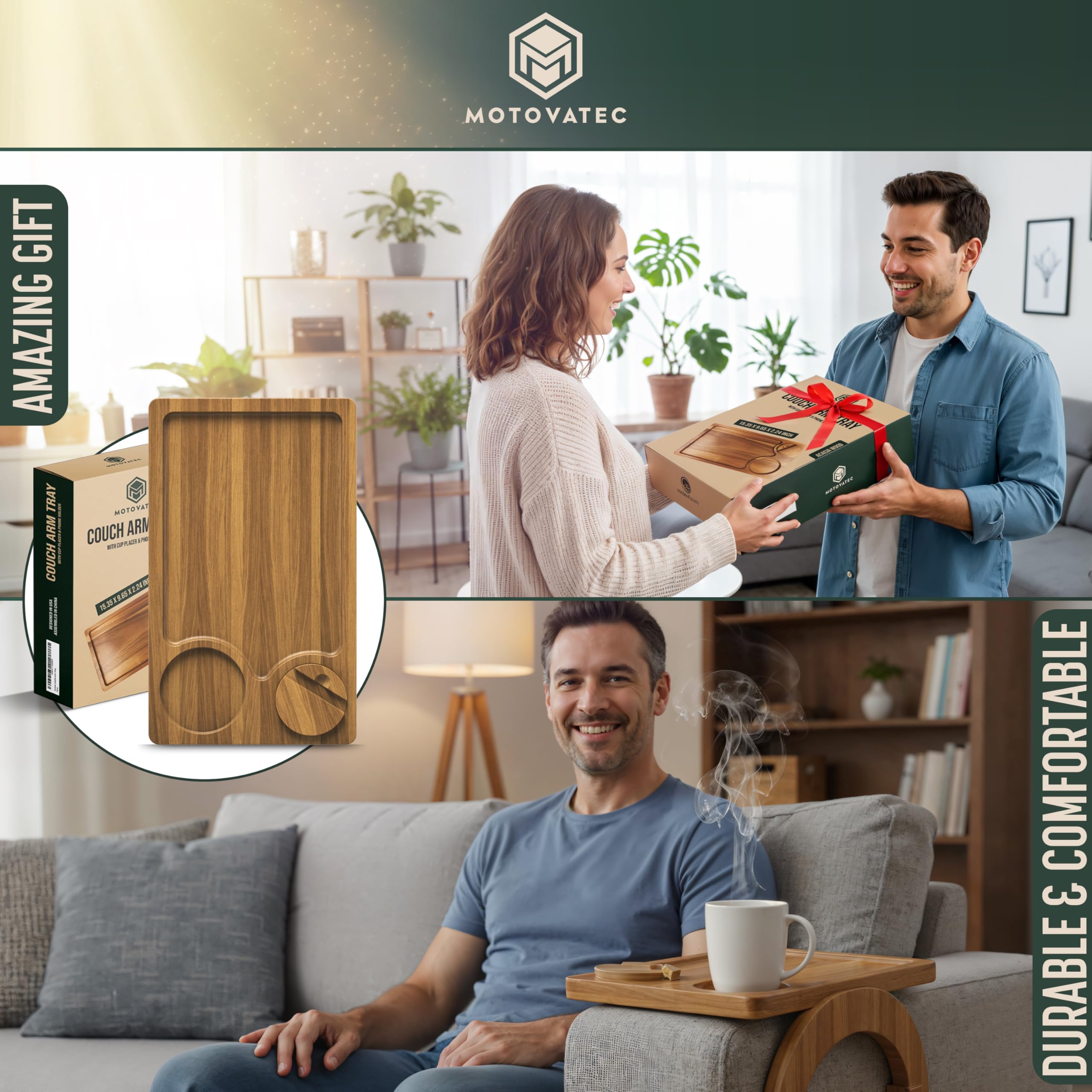 Gift-ready MOTOVATEC arm tray fits any decor and daily routine.