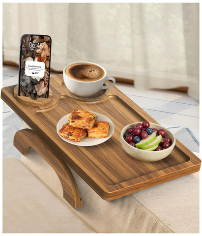 MOTOVATEC Acacia wood sofa arm tray with 3-in-1 function on a cozy couch.