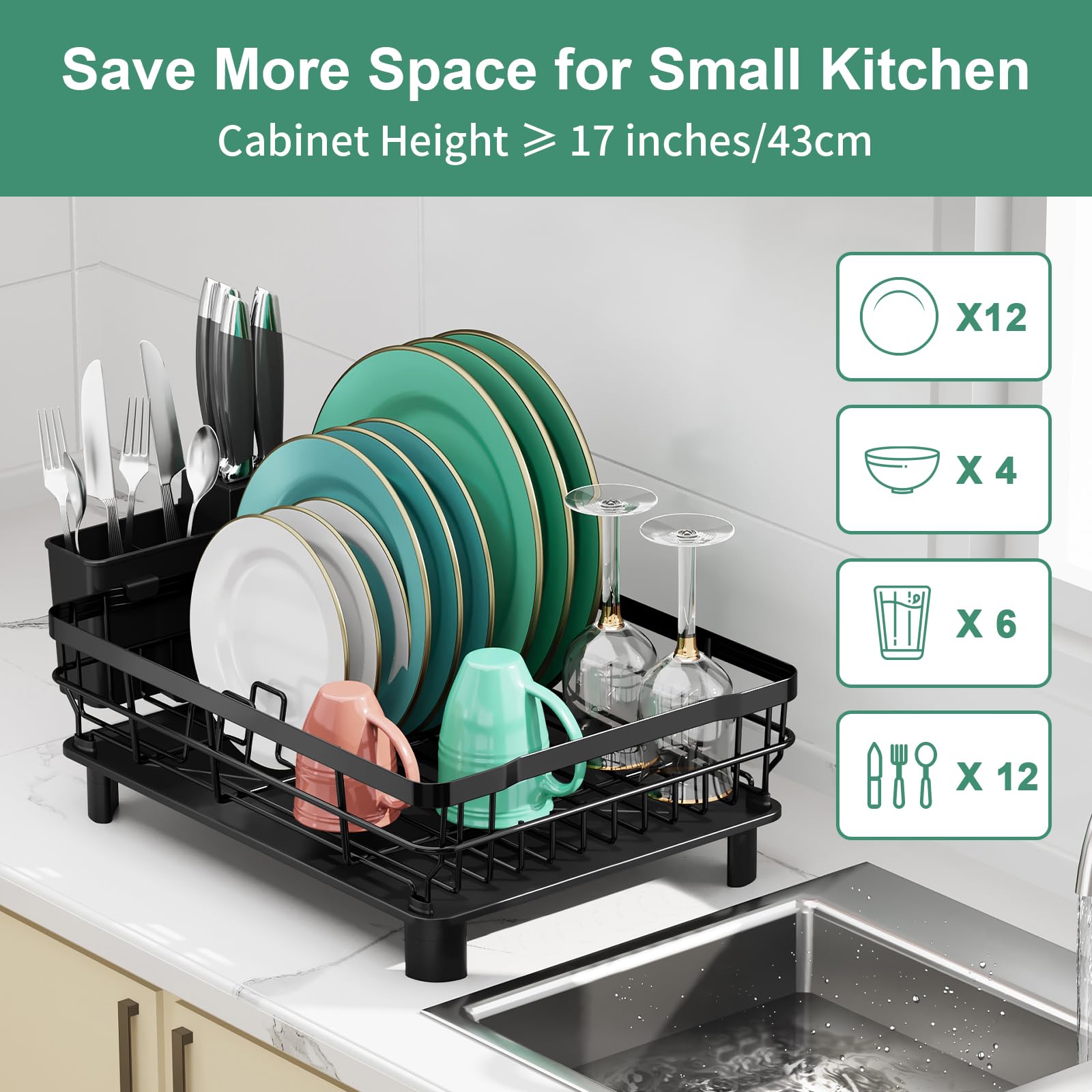 MOUKABAL large-capacity rack holds plates, bowls, and cups on countertop.