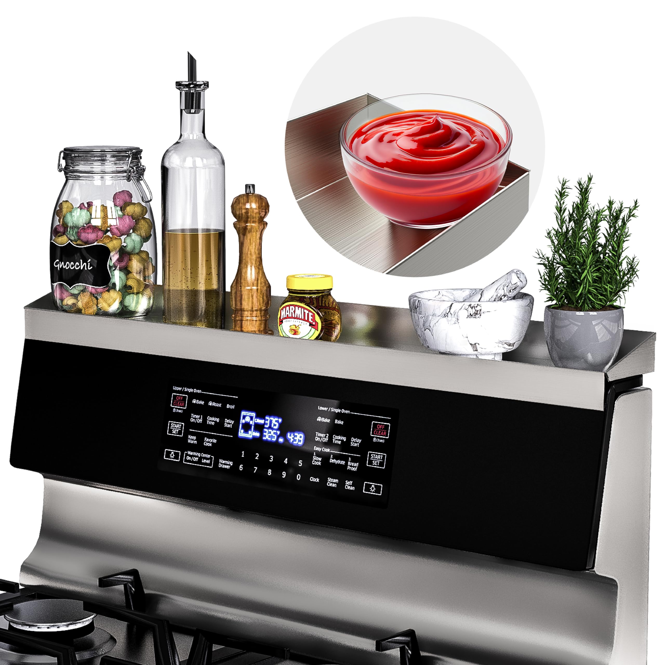 Mount Walker 30-inch stove top shelf front view adds extra kitchen storage.