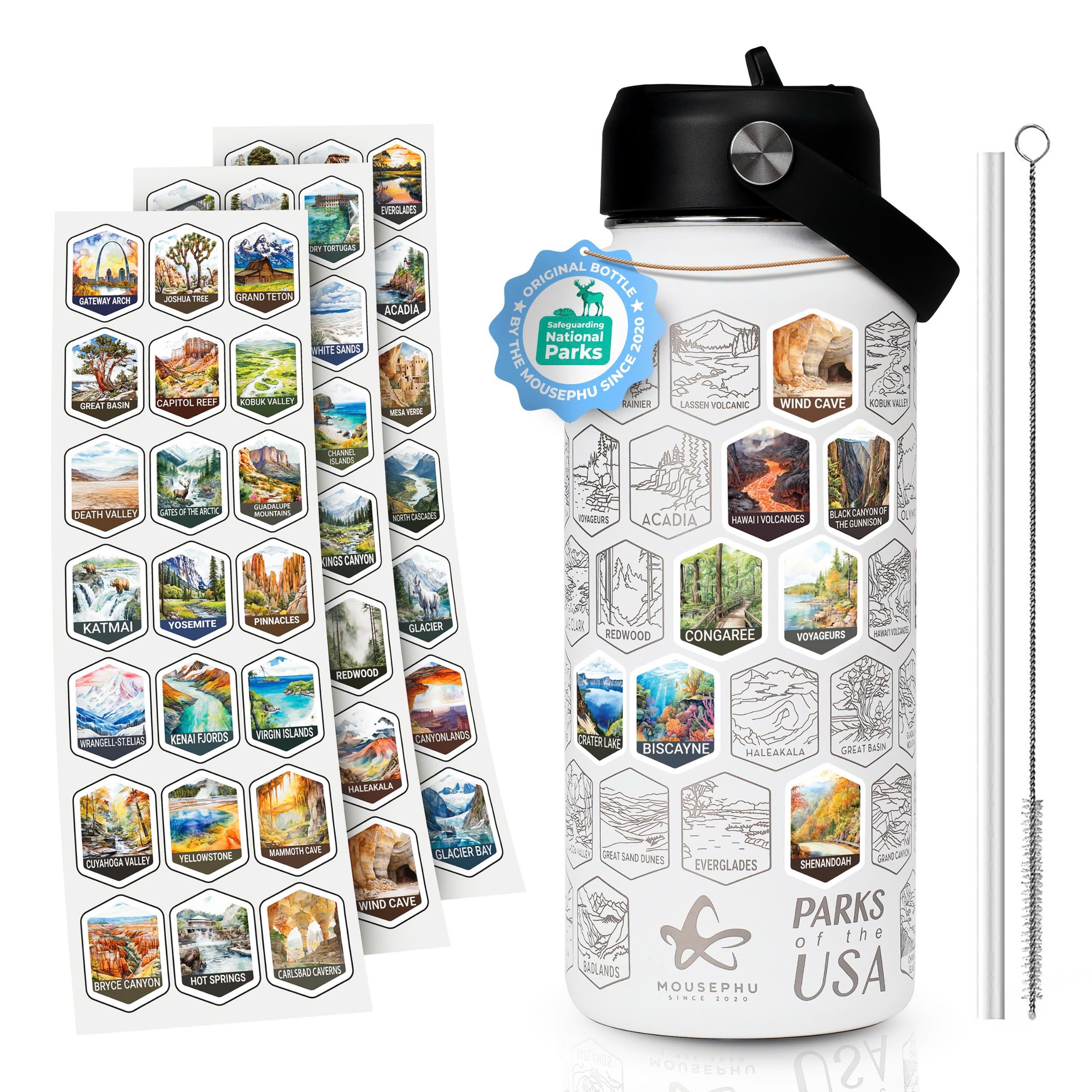 Mousephu National Parks bottle with 32oz design and stickers for outdoor adventures.