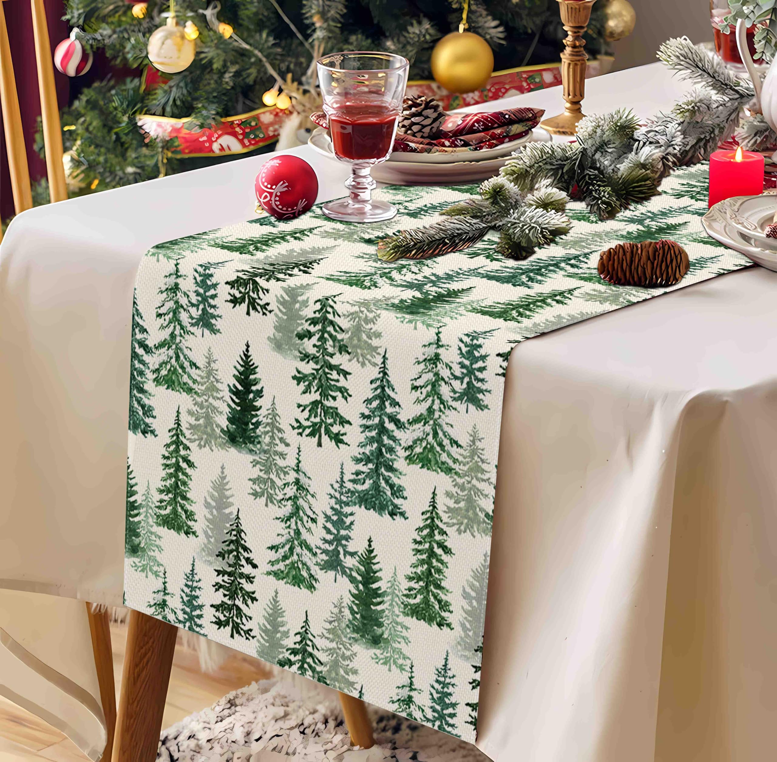 Moutina holiday table setup featuring pine trees for elegant dining.