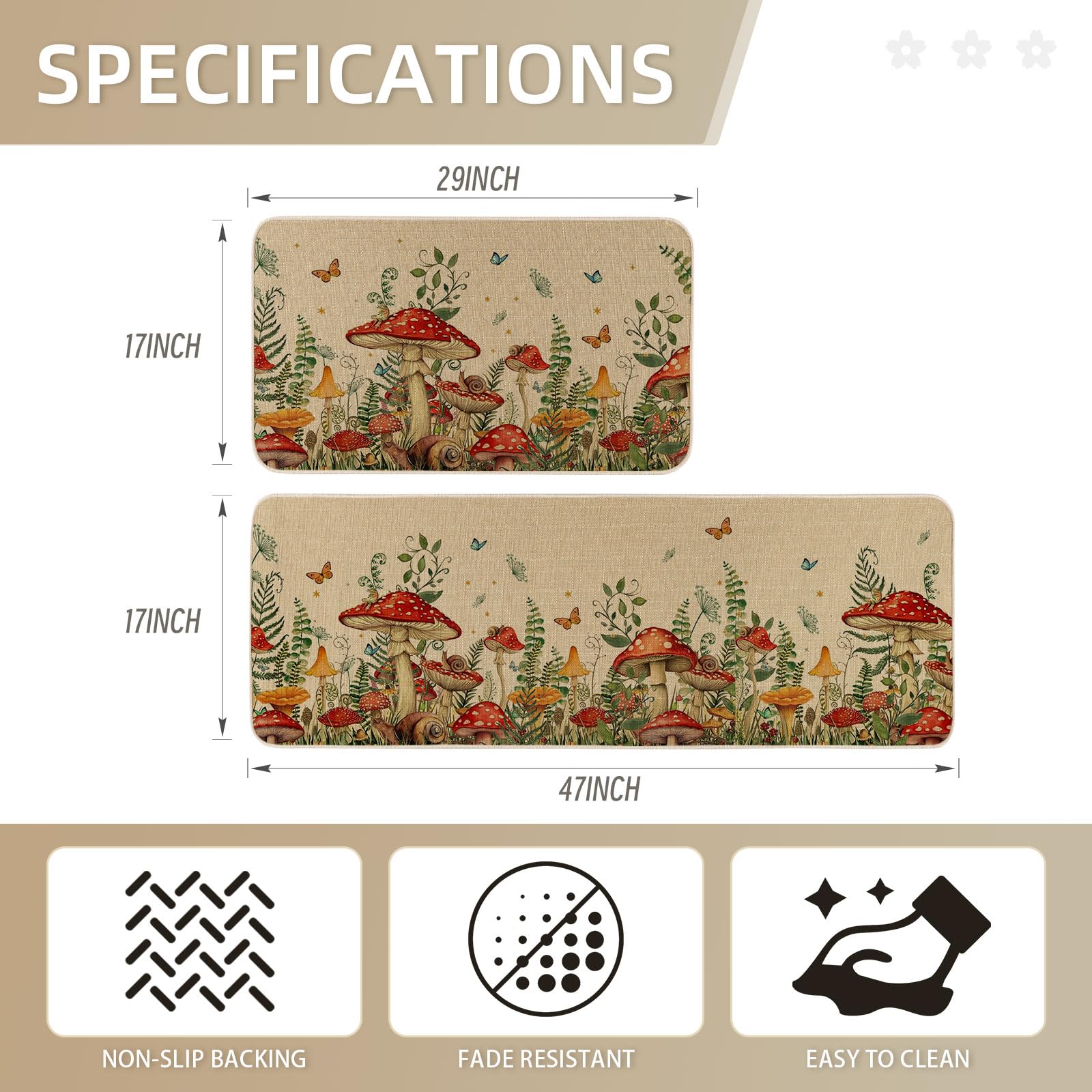 Moutina mushroom snail kitchen rug 17x47 front view fits larger doorways.