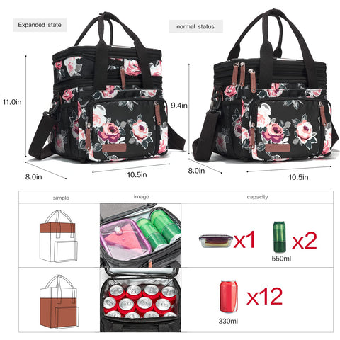 MOV COMPRA lunch bag expanded capacity shows extra space for snacks and drinks