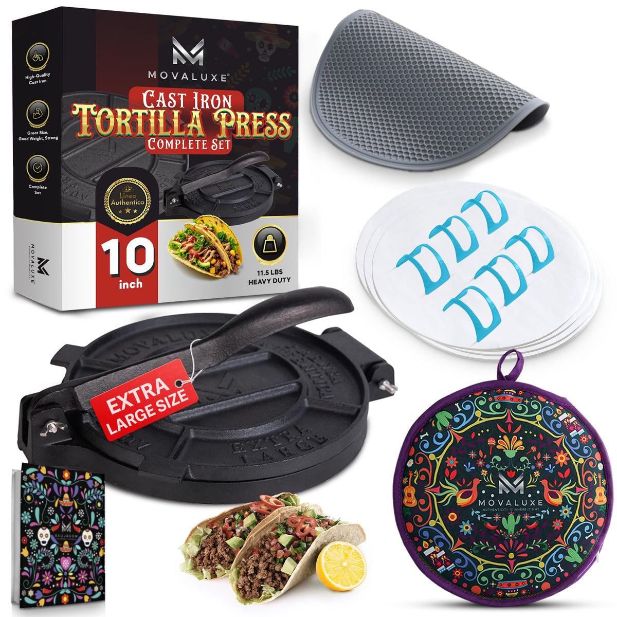Movaluxe 10-inch tortilla press for quick, even tortillas at home.