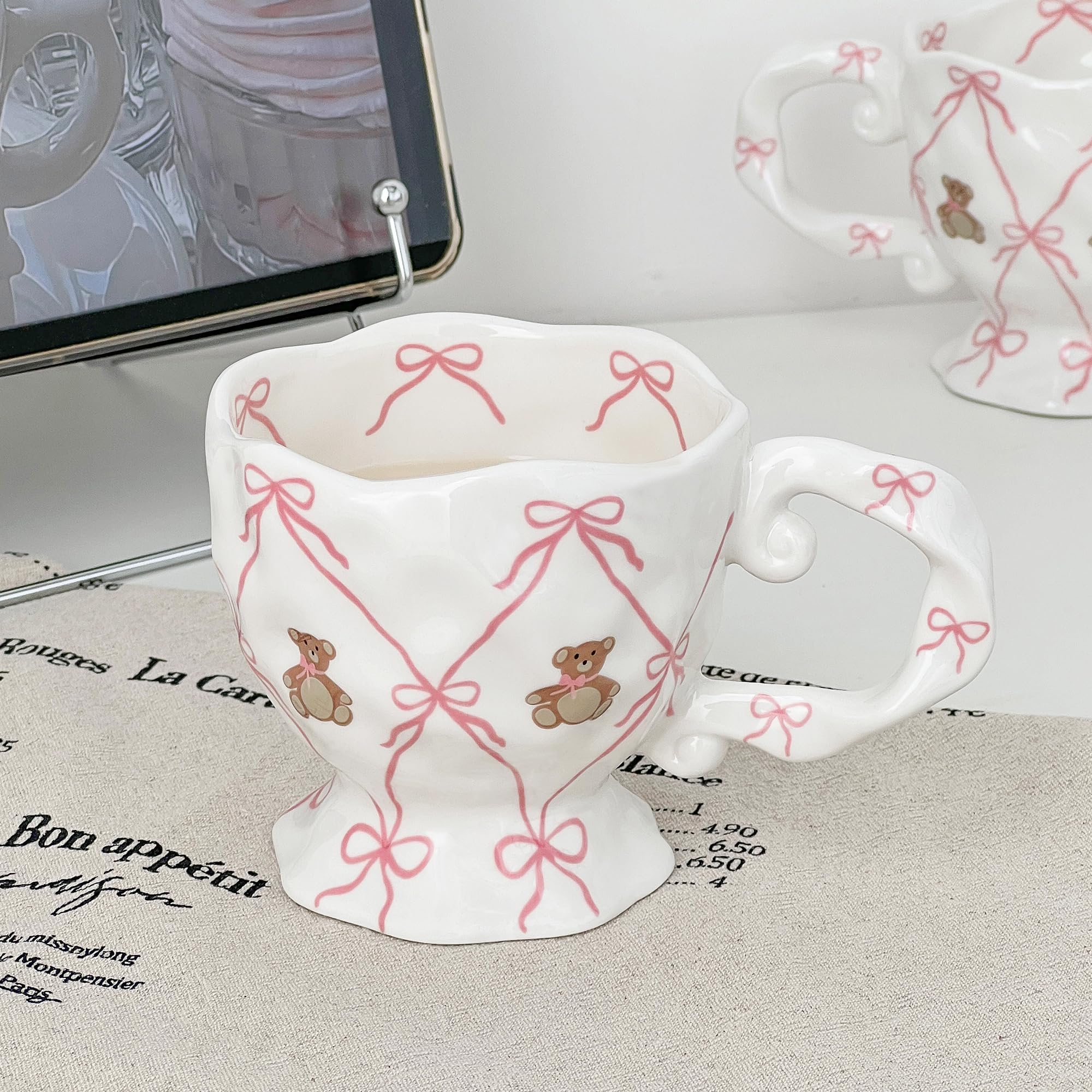 Movlen handmade mug with bear and bow accent, ideal gift
