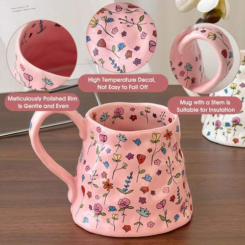 Movlen handmade floral mug with irregular shape and craft charm.