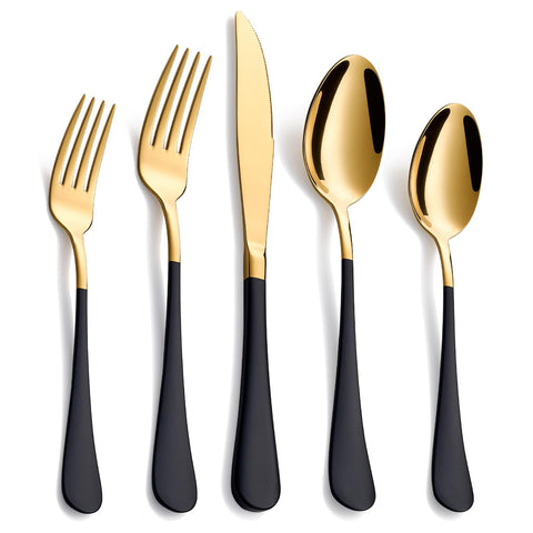 Moxinox 20-piece black and gold silverware on a dining table for elegant everyday dining