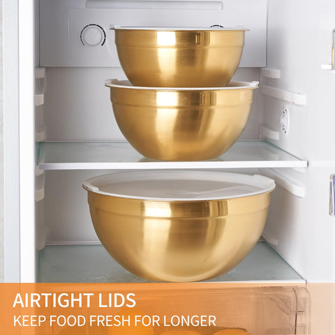 Moxinox gold bowls feature durable stainless steel and rust resistance.