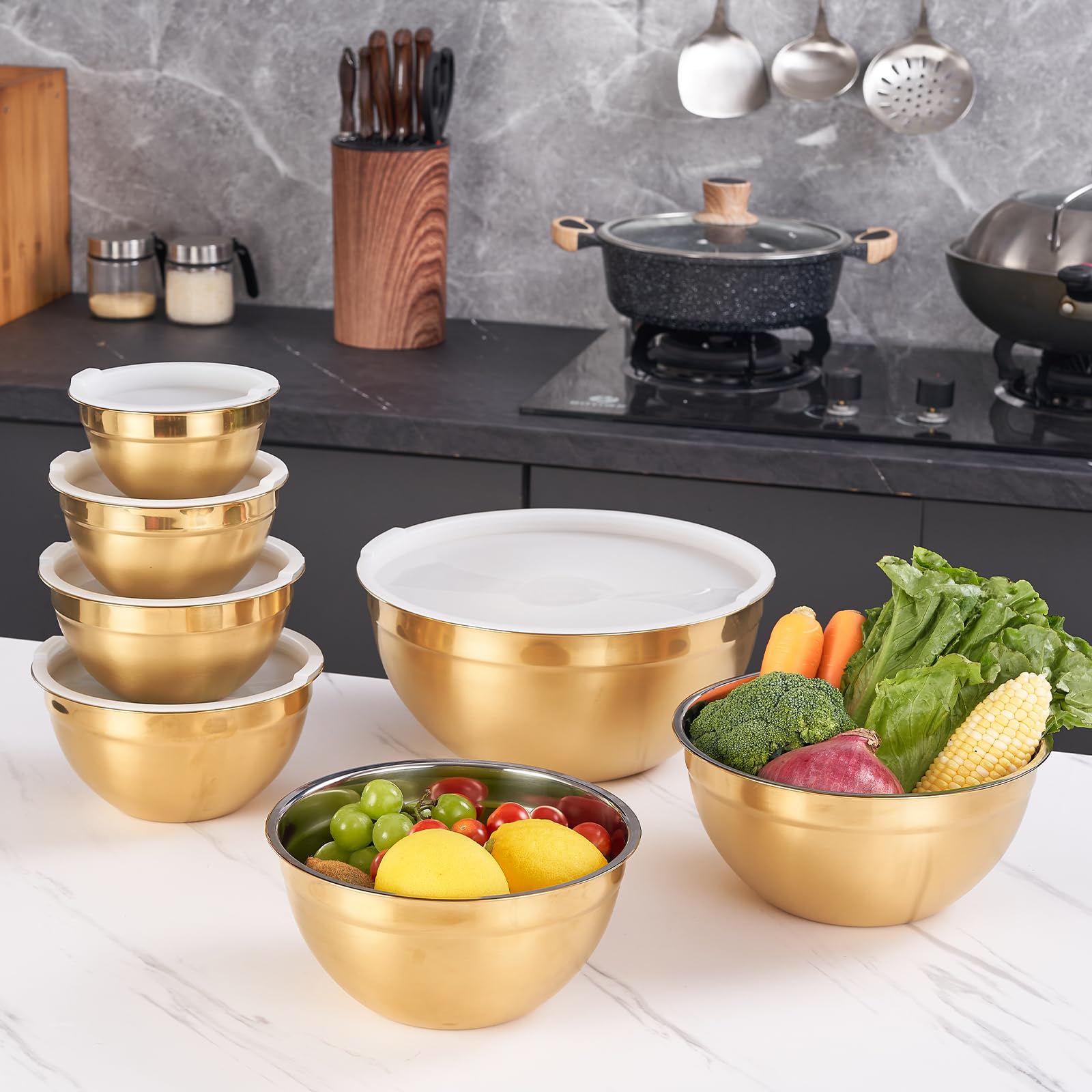 Moxinox gold bowls ready for baking, prepping, and serving.