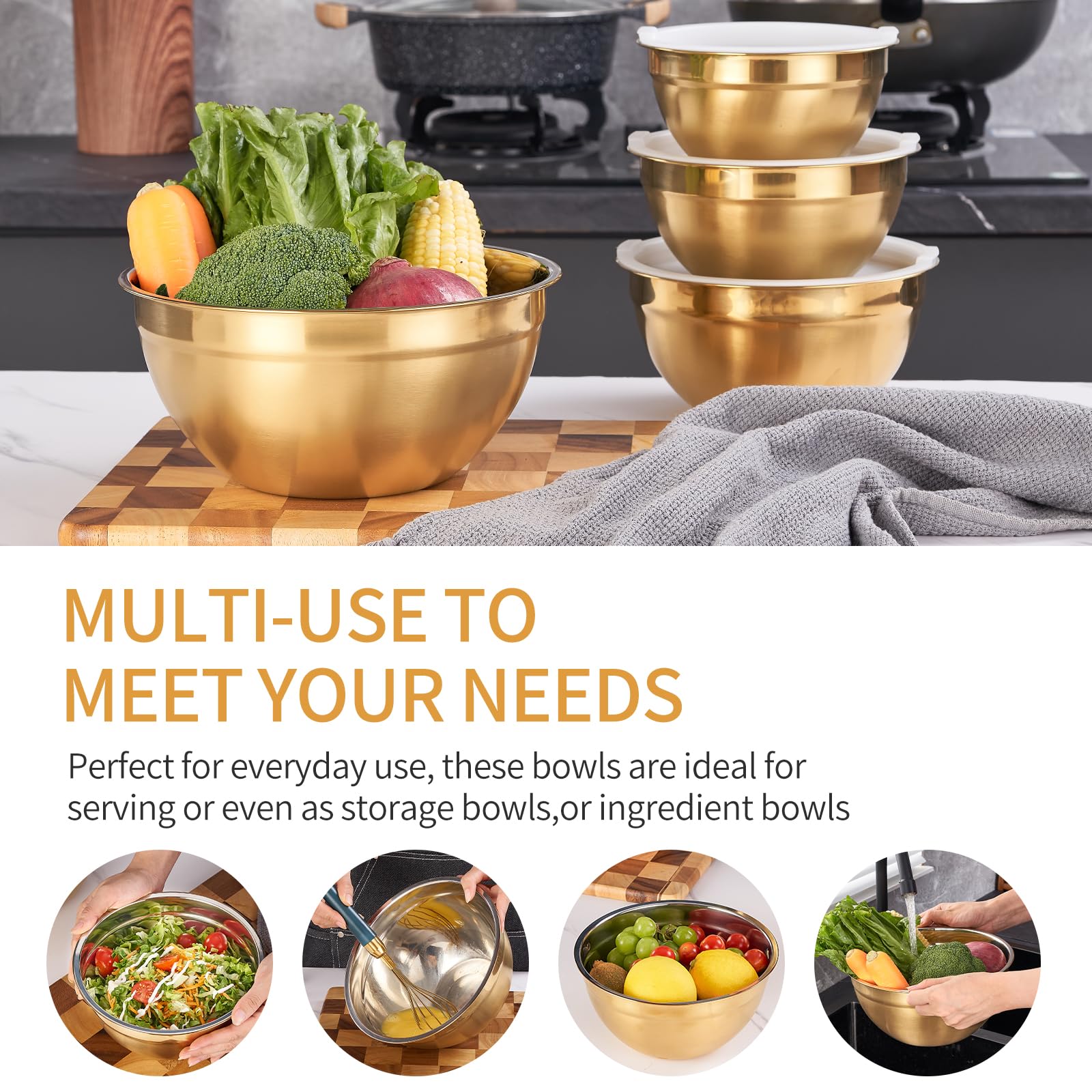 Moxinox gold bowl interior mirror finish for easy cleanup.