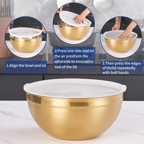 Moxinox gold bowls with BPA-free lids seal in freshness.