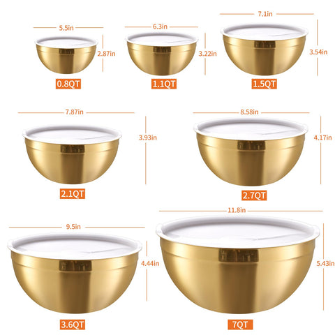 Moxinox gold mixing bowls nested display saves space on counters.