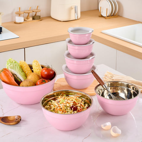 Moxinox pink bowls feature mirror inside and brushed outside finish.