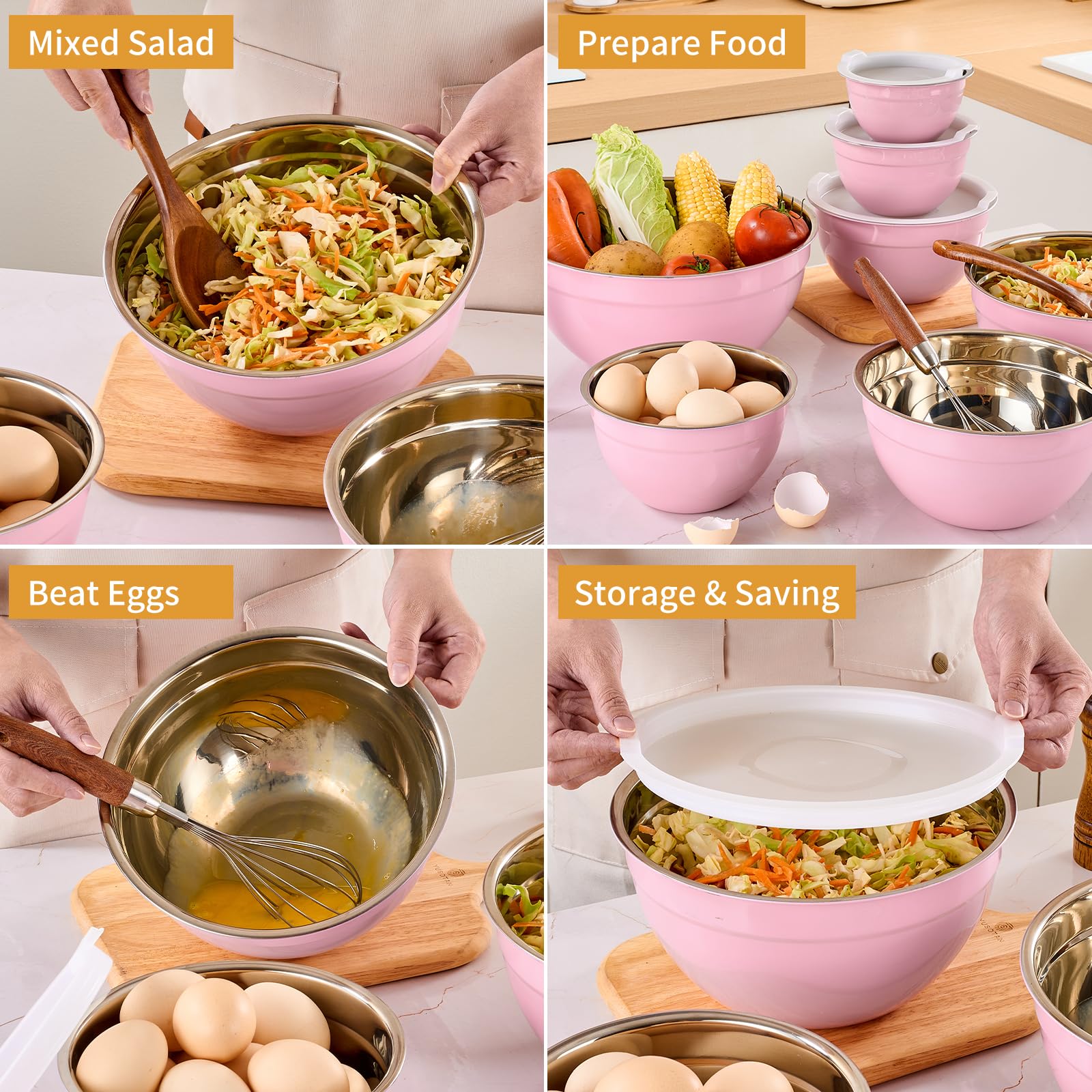 Moxinox pink bowls with non-skid bottoms stay steady during prep.