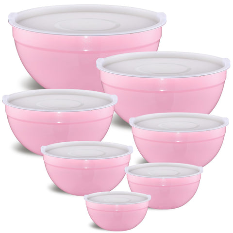 Moxinox pink mixing bowls with lids for easy prep and storage.