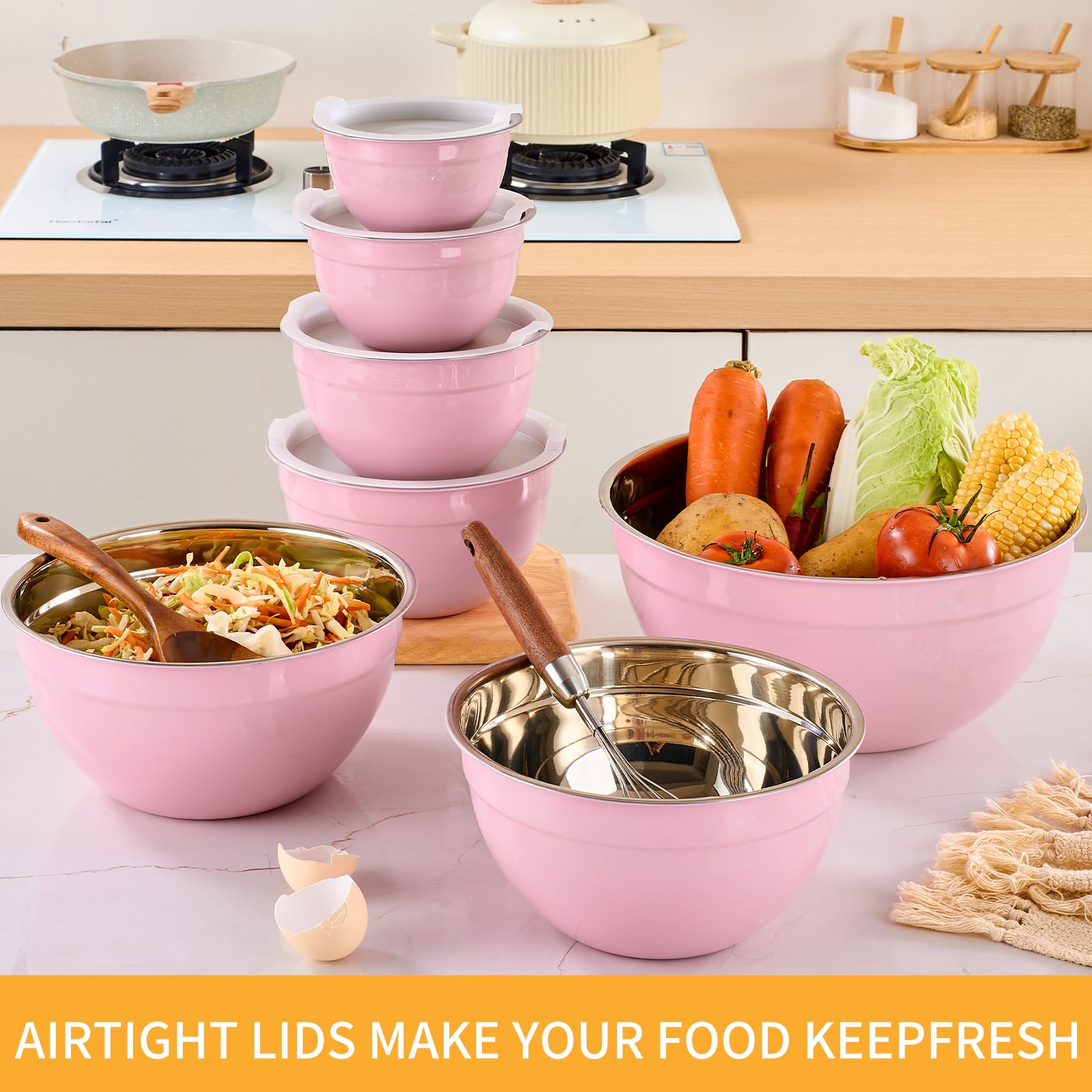 Moxinox pink bowls stack neatly for compact kitchen storage.