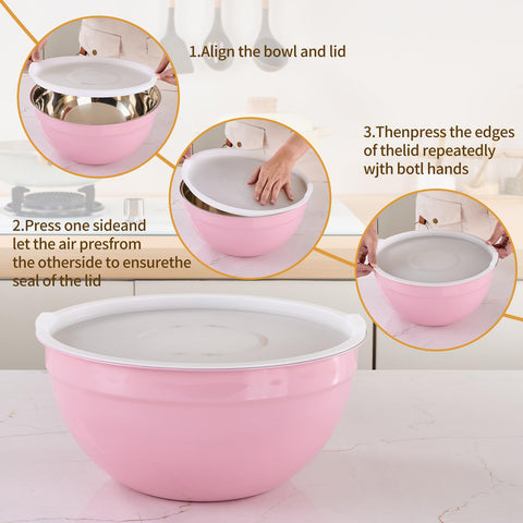 Moxinox pink bowls with stainless steel interior for durable performance.