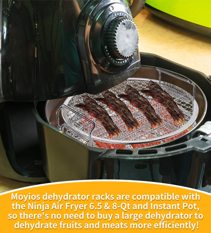 Moyios dehydrator rack with 5 removable shelves for flexible food spacing.